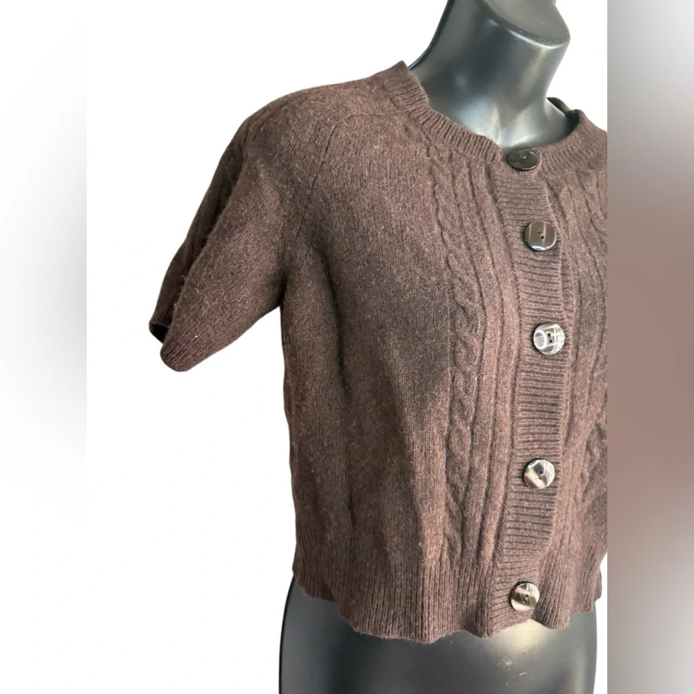 Ann Taylor LOFT mocha brown cable knit short sleeve button up sweater shirt L - Picture 9 of 11
